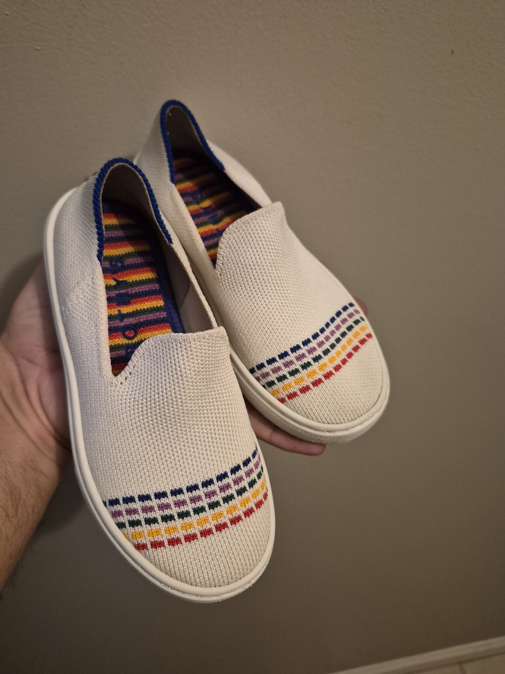 Rothy's Cream Slip-On Knit Loafers with Multicolor Stripe Detail Preowned Sz C11